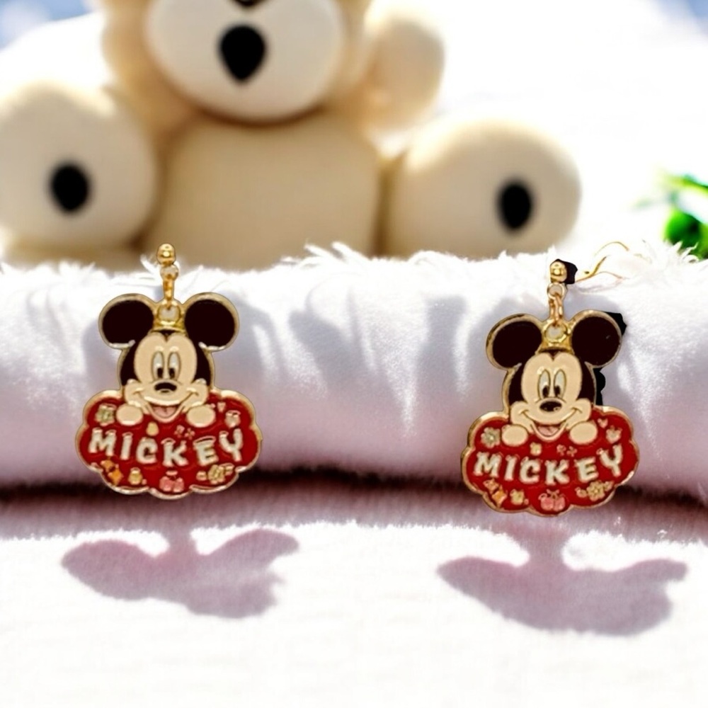 Mickey Mouse Gold and Red Stud Dangle Earrings - Picture 2 of 3